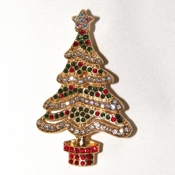 Gold 2" Christmas Tree Rhinestone Brooch - Picture 2 of 5